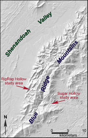 Overview map of the Blue Ridge Mountains and Shenandoah Valley with study areas.