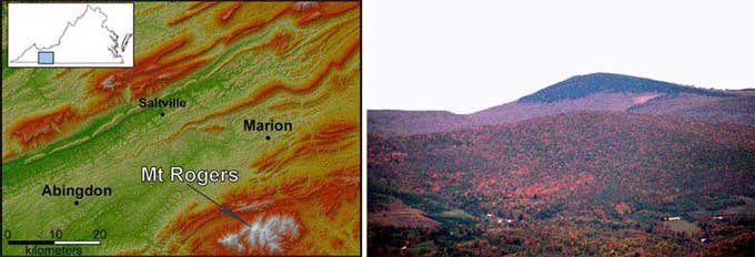 Shaded relief map of the Mt. Rogers area and view of Mt. Rogers from the southwest.