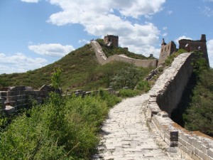 The unrestored portion of the Great Wall where plants have taken back over where once was bare stone.