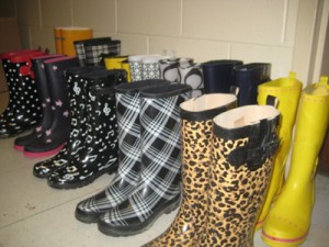 Peace signs, animal prints, polka dots and various other boots belonging to the girls in my hall.