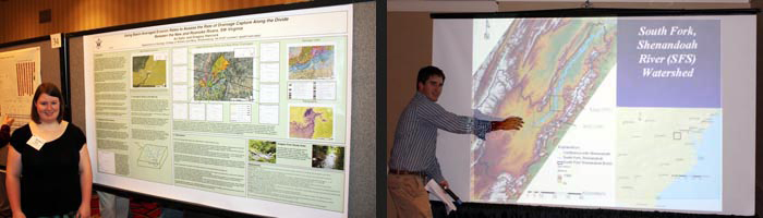 Left- AJ Saltz and her research poster focused on landscape change in the southern Blue Ridge Mountains. Right- Jonathan Garber showing off his style as he answers question about Shenandoah River watershed.
