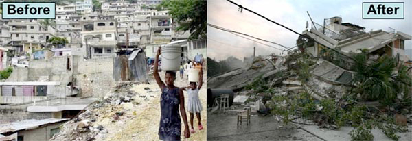 Before and after images from Port-au-Prince, Haiti. Countless unreinforced masonry buildings collapsed during the January 12th earthquake.  Images modified from presentation available at http://www.iris.edu/hq/retm. 