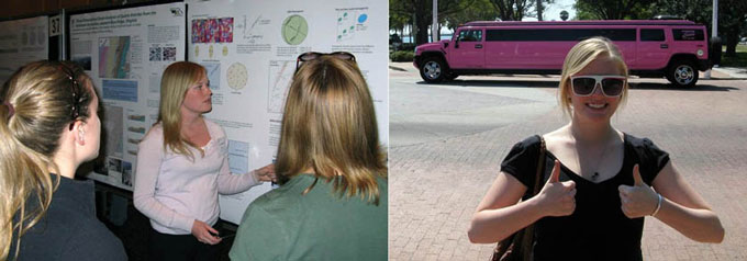 Ali Snell ('10) at work discussing stretched sandstones from the Blue Ridge Mountains (left) and at play contemplating the stretched pink Hummer (right).