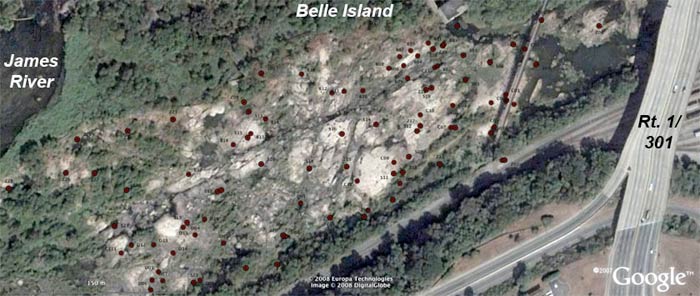 Google Earth imagery of large bedrock exposure south of Belle Island on the James River, Richmond.  Red dots are GPS locations recorded while mapping the geology and fractures.
