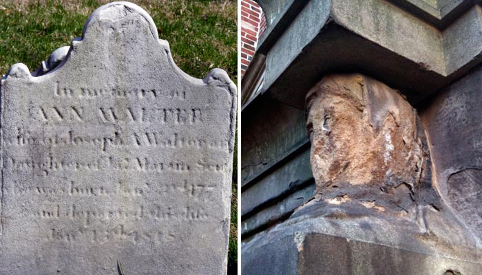 Left- Nearly unrecognizable carvings in a marble headstone from the late 1700's. Right- Disintegrating statue (of a head) in sandstone at the entrance to a family vault erected in mid-1800's.