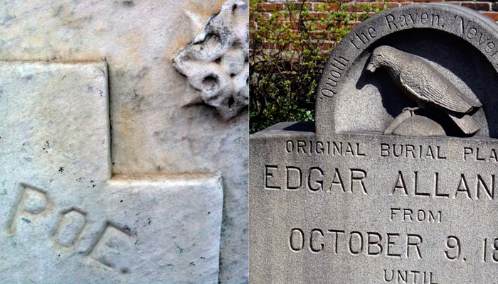 Left- Ornamentation and engravings on the south side of Poe's marble grave show signs of significance chemical weathering (monument erected in 1875). Right- Granite monument marking the original Poe burial site (monument erected in 1913). Note the Raven, perched upon a bust of Pallas, seems little weathered.