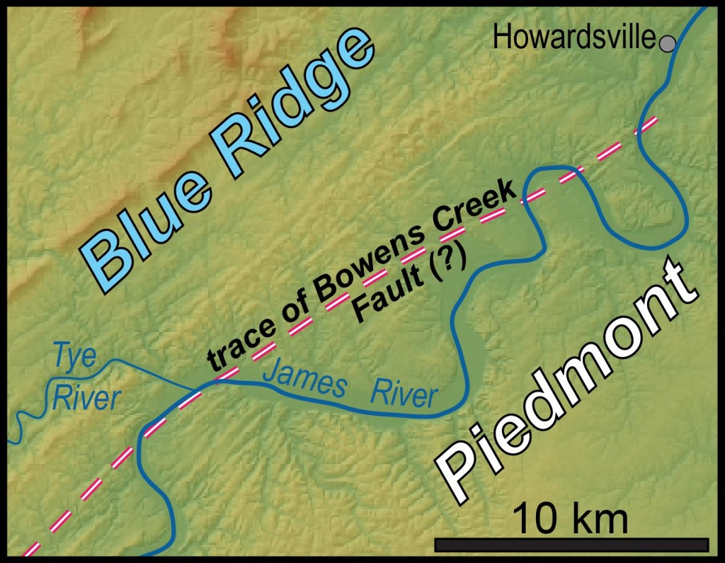 Simplified map of the James River area in central Virginia with pertinent features highlighted.