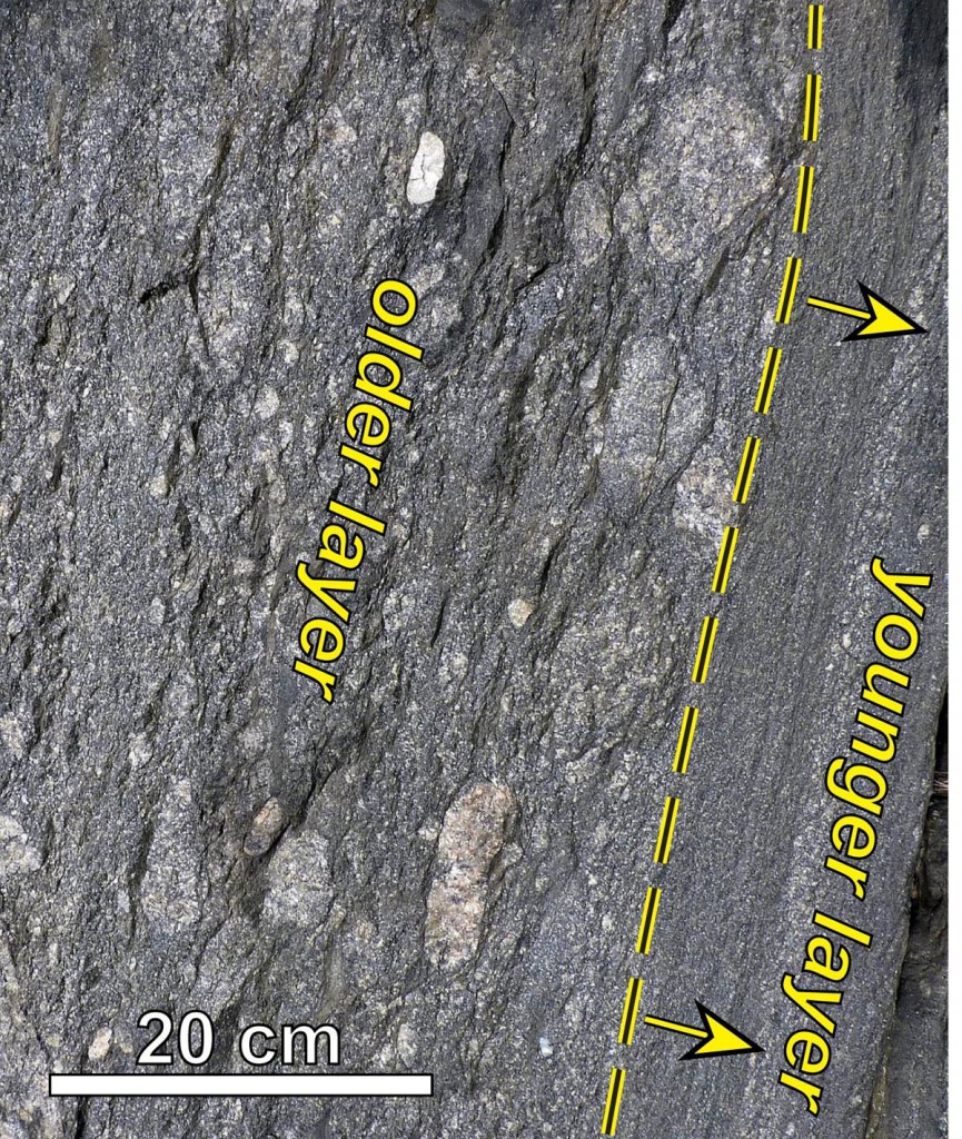 Overturned strata in the Rockfish Conglomerate, notice younger layers below older layers.
