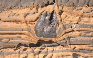 Ice rafted dropstone in proglacial marine strata from Neoproterozoic strata in Nambia. Photo by Paul Hoffman. http://www.snowballearth.org/slides/Ch1-21.jpg