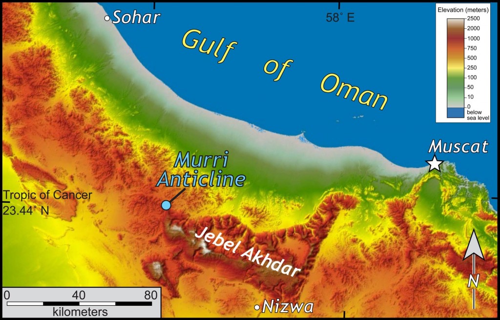 Shaded relief map of a part of northern Oman.  30-m data from the Shuttle Radar Topography Mission.