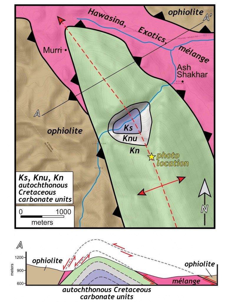 Geologic map and cross section of the Murri anticline and Oman ophiolite.  Ophiolite is juxtaposed against mélange and autochthonous limestones.