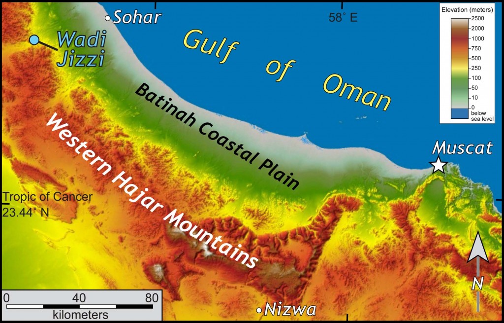 Shaded relief map of a part of northern Oman.  Note the different topography between the Batinah Coastal Plain and the Western ajar Mountains.