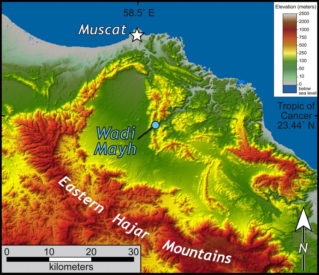 Shaded relief map of the Muscat area, Oman with Wadi Mayh highlighted.