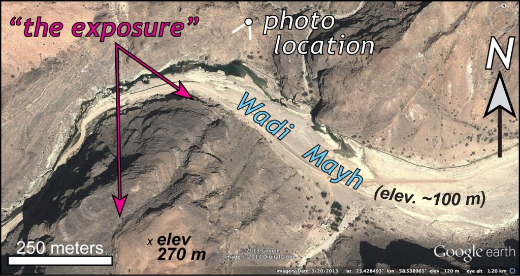 Google Earth image of the Wadi Mayh exposure, note its north-facing aspect.