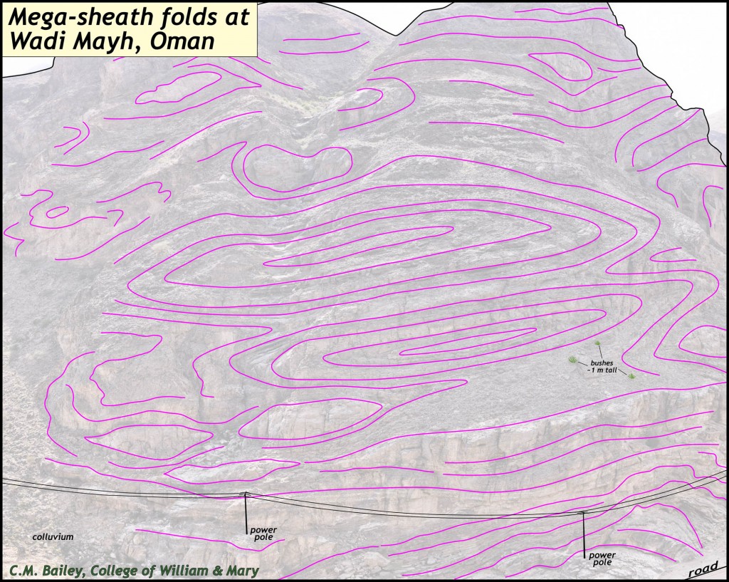 Annotated and traced image of the sheath folds at Wadi Mayh, Oman
