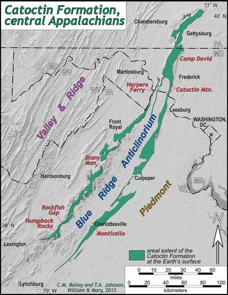 Map illustrating the distribution of the Catoctin Formation in the central Appalachians.