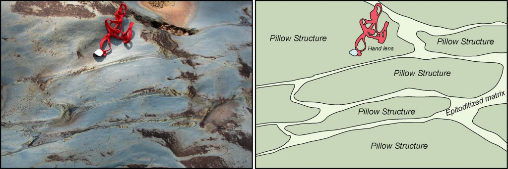 Pillow structures in the Catoctin Formation exposed along the south bank of the Hardware River in southern Albemarle County, VA.