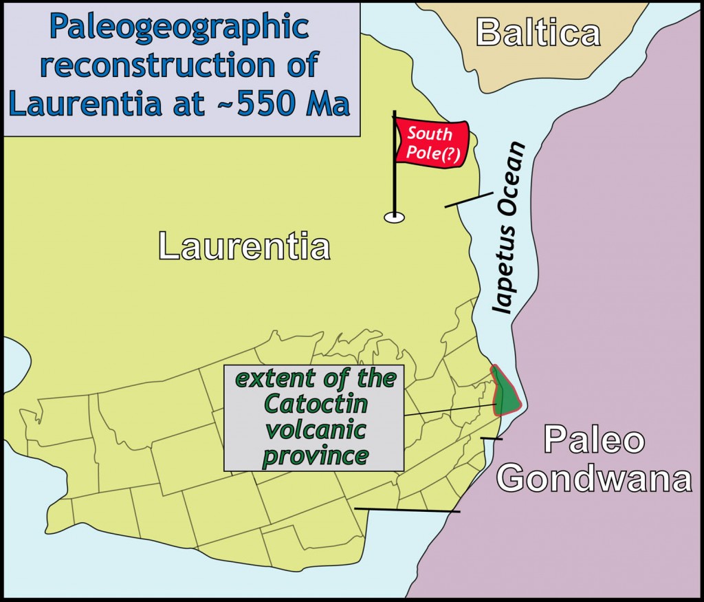 Paleogeographic reconstruction of Laurentia and surrounding continents at ~550 Ma. Note Laurentia was in the southern hemisphere (data from numerous sources).