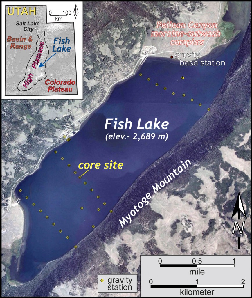Overview map of Fish Lake, Utah with 2014 gravity stations and core site.