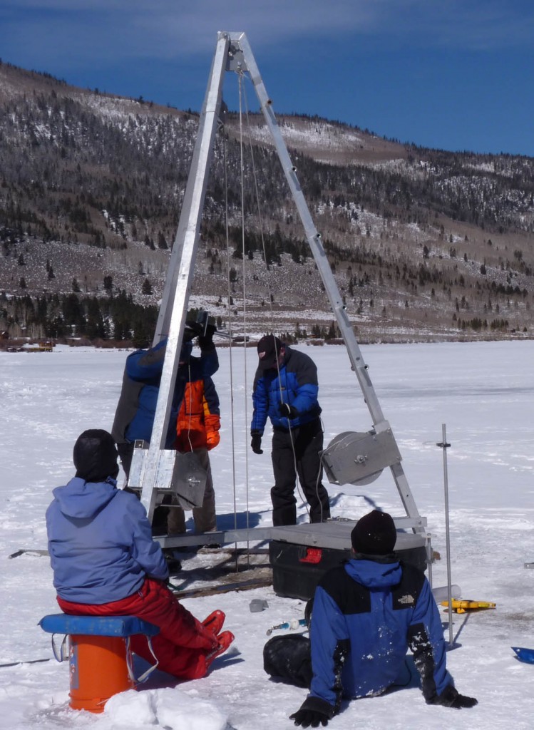 The coring team at work on Fish Lake's icy surface.