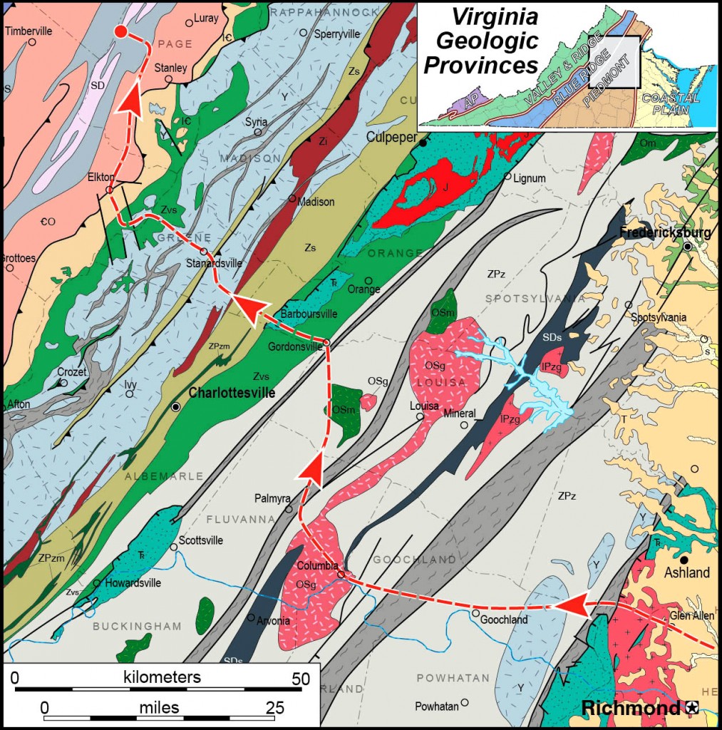 Generalized geologic map of part of central and northwestern Virginia illustrating rock units and our outbound field trip route