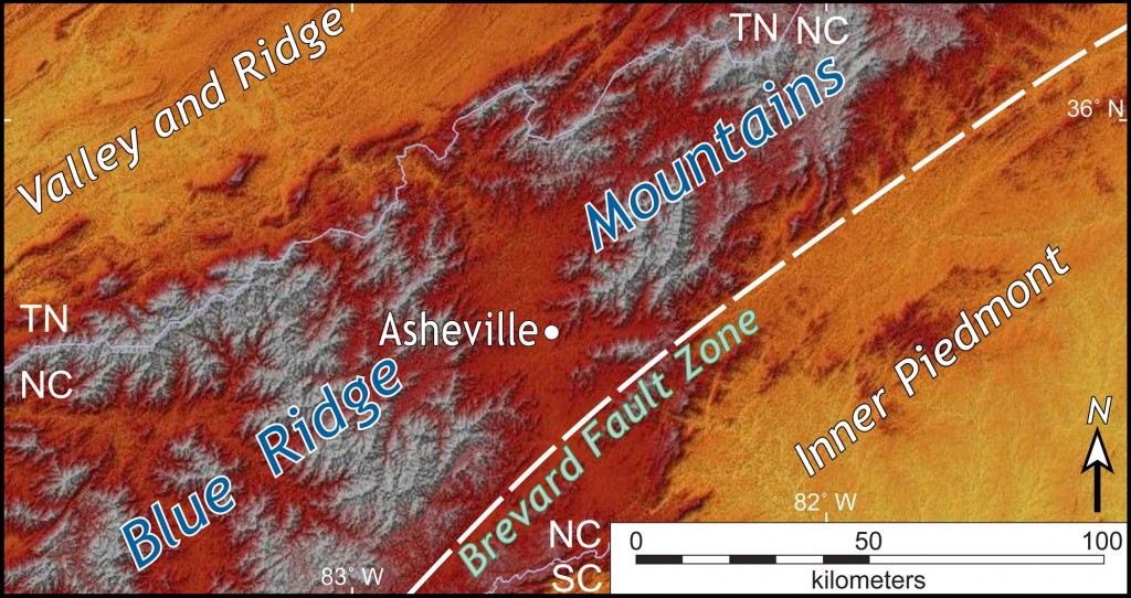 Shaded relief map of the Blue Ridge Mountains and adjacent terrain in the Inner Piedmont and Valley & Ridge provinces of western North Carolina and eastern Tennessee.  The Penrose field trip examined rocks across this region.