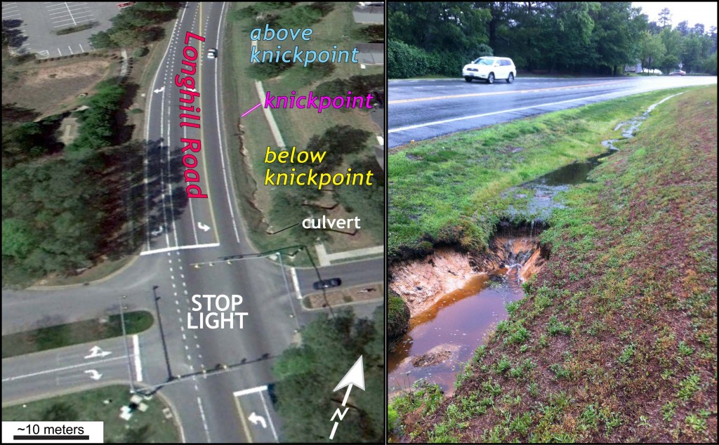 Left- Oblique aerial view (from Google Earth) of the lower part of the Longhill Road drainage ditch, note the change in the channel above and below the knickpoint.  Right- The knickpoint on a rainy day, note the change in the channel above and below the knickpoint.