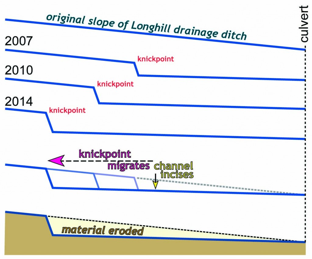 Cross sectional (or longitudinal profile) view of the Longhill drainage ditch.