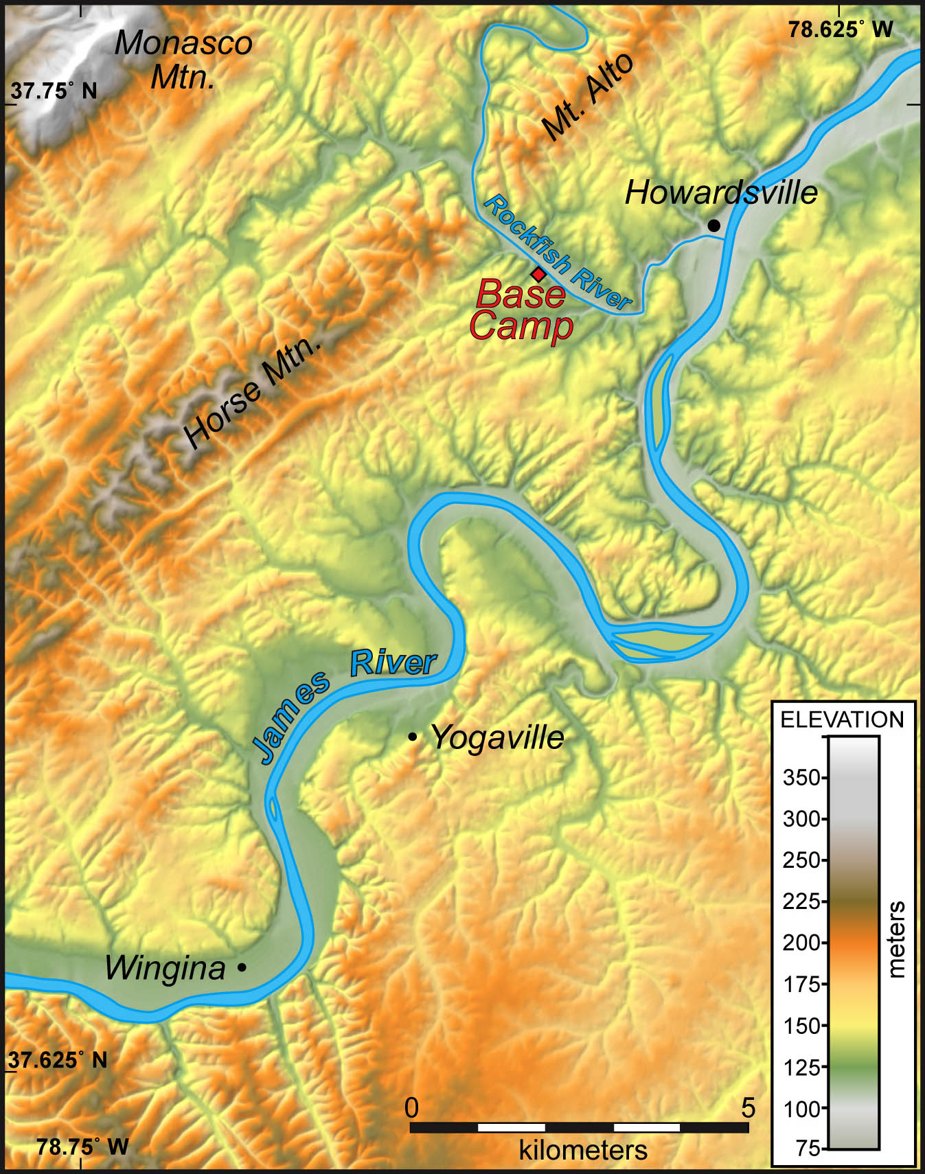 Shaded relief map of the study area near Howardsville, Virginia.  Note the linear elements in the topography to the northwest of the James River and the dendritic drainage to the southeast of the james River.