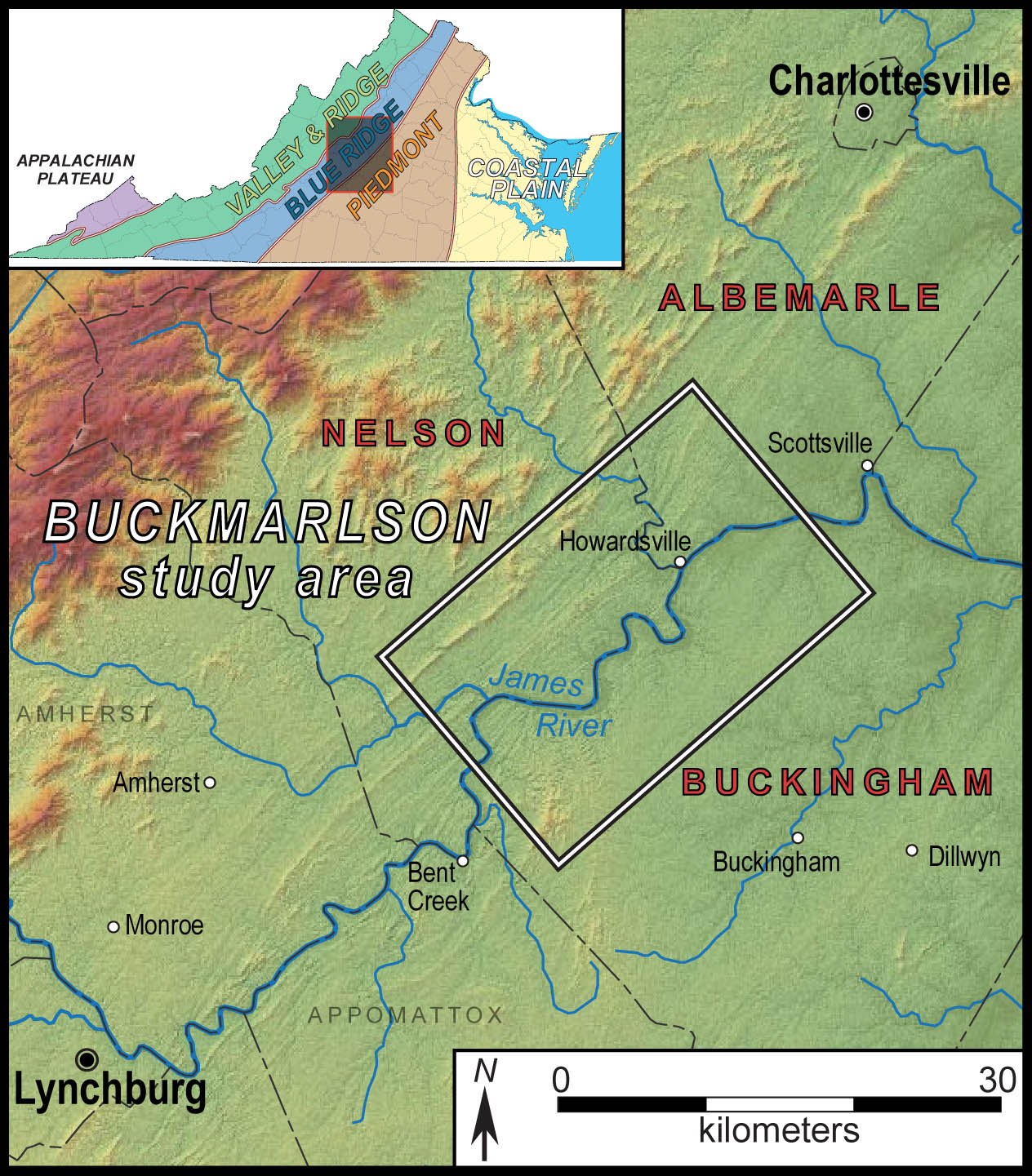 Map illustrating the Buckmarlson region in central Virginia. Our study area lies astride the boundary between the Blue Ridge and Piedmont provinces.