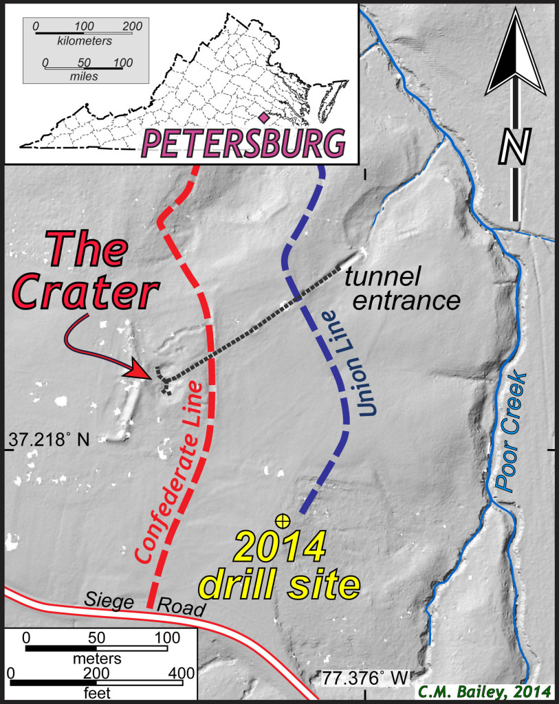 Map of the Crater at Petersburg National Battlefield, Virginia. Thick gray dashed line is the approximate location of the Union tunnel.  The base map is a grayscale shaded relief map from LIDAR data courtesy of the National Park Service.