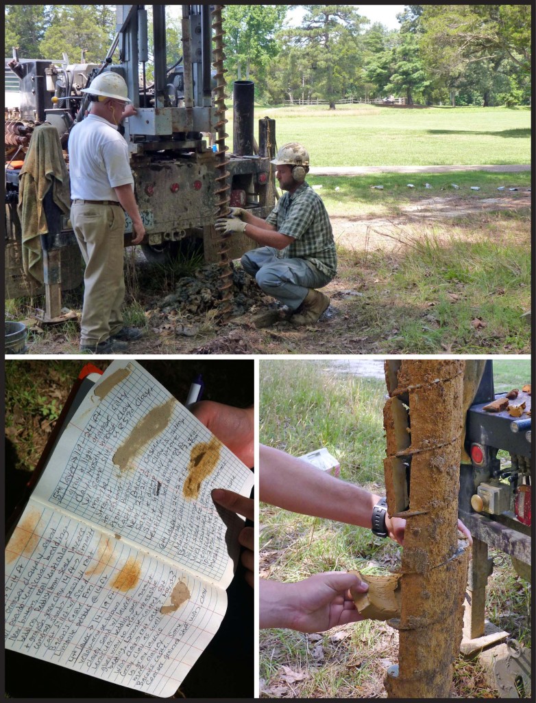 Photos from the drill site at the Crater, Petersburg National Battlefield.  Upper: Rick Berquist (left) and Lee Bristow (right) operating the drill, the Crater is in the background ~400’ (120 m) to the north of the drill site.  Lower Left: Field notes from the drilling operation, sediment dabs in the field book make for an excellent and colorful record that supplements later analysis. Lower Right: Geologist’s greedy hands pry sediment off the drill stem, note the cohesive nature of the sediment on the auger.