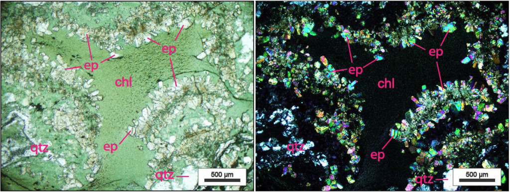 Plane polarized (left) and Crossed polarized view of amygdule in hyaloclastic greenstone from the Catoctin Formation, eastern Blue Ridge, Virginia.