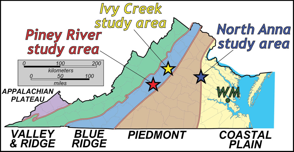 Geologic overview map of Virginia with study areas for the 2014 William & Mary Geology Field Methods course.