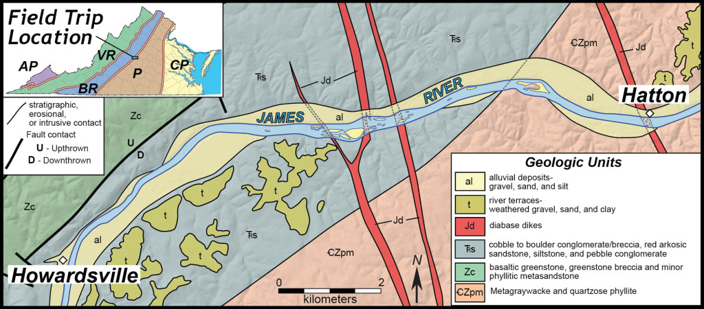 Simplified geologic map of the James River between Howardsville and Hatton, central Virginia.