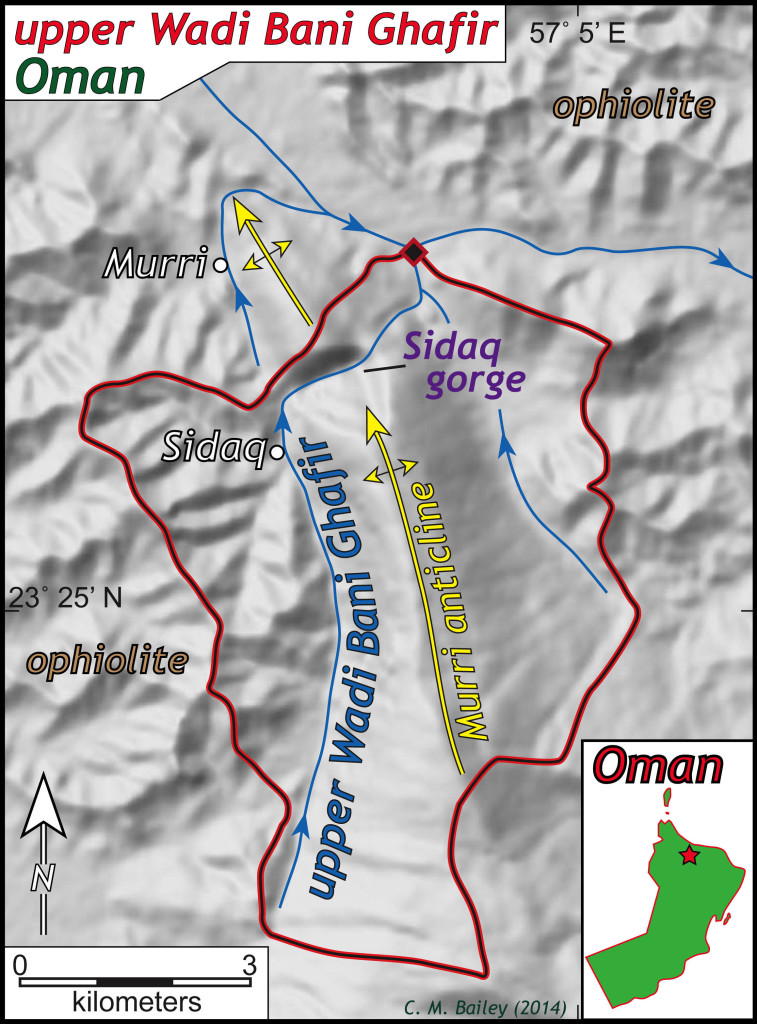 Map illustrating the upper reaches of Wadi Bani Ghafir and the Sidaq gorge, Oman.  Bold red and black line outlines the drainage basin above the diamond.
