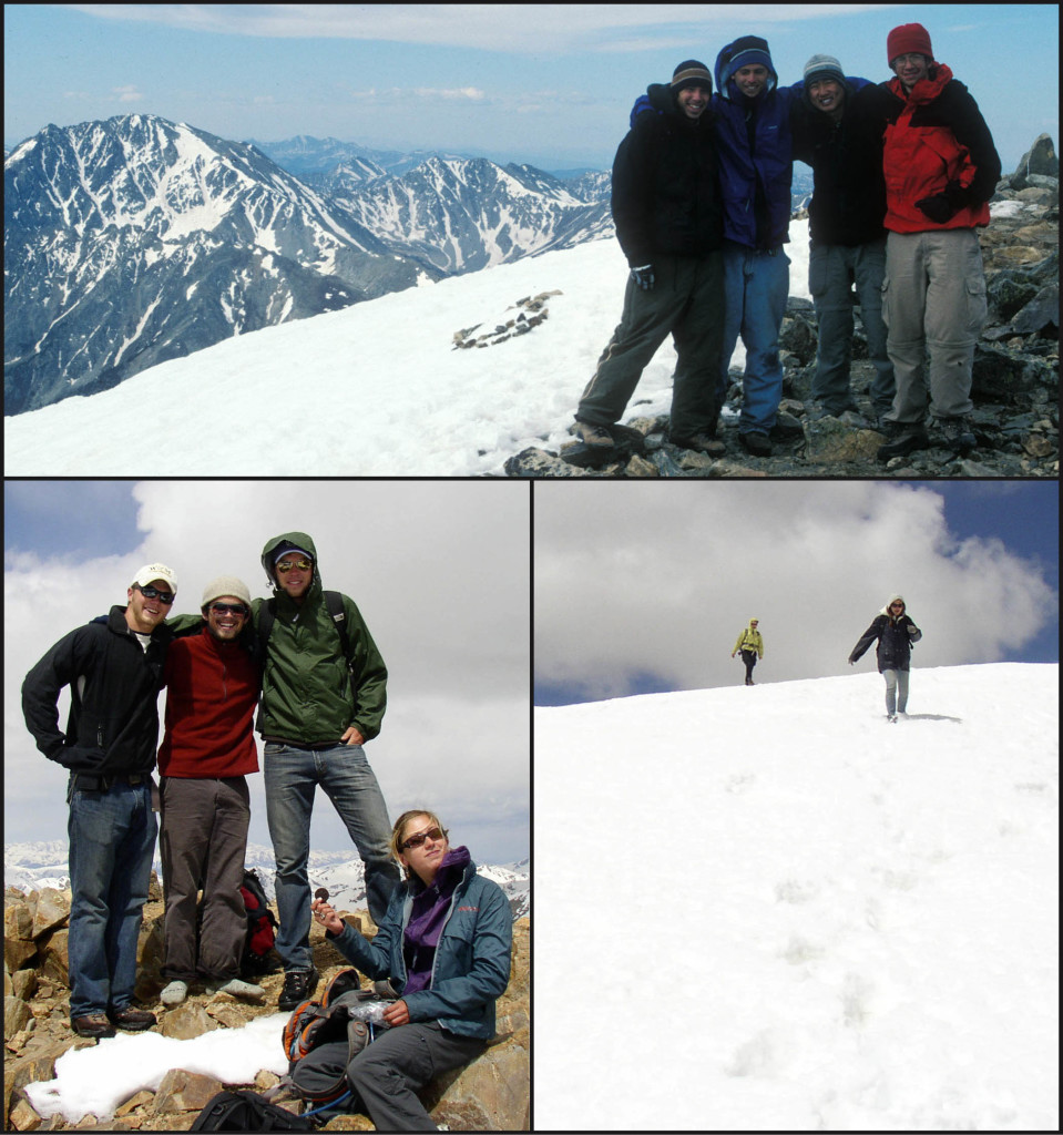 Rocky Mountain high in Colorado, William & Mary geologists at Mount Elbert. Top: Chris Koteas, Twohy Murray, Brian Hasty, and Chris Coppinger (from left to right) huddled up on the summit in 2002.  Lower Left: Brendan Murphy, a shoeless Trevor Buckley, Drew Laskowski and Autumn Millslagle (from left to right) on the summit in 2008.  Lower Right: Ali Snell and Beth DeGiorgis descending a snowfield near the summit.