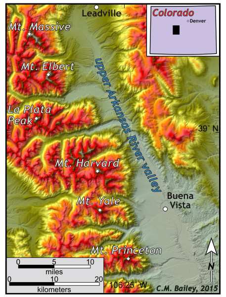 Shaded relief map of the Swatch Range, Collegiate Peaks area, and the upper Arkansas River valley, central Colorado.
