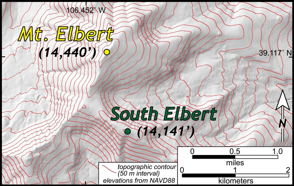 Topographic map of Mount Elbert, Colorado (from the National Elevation Database).