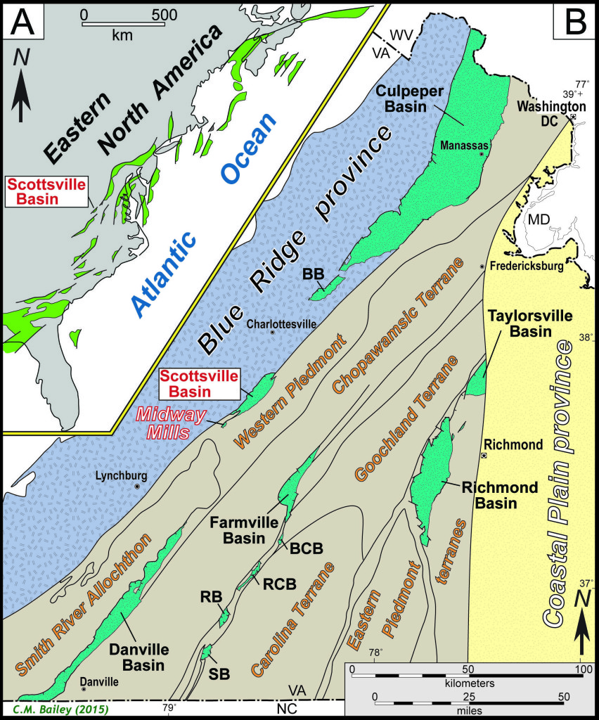  (A) Overview map of onshore and offshore early Mesozoic basins (green) in eastern North America. (B) Generalized geologic map of Virginia illustrating the distribution of early Mesozoic basins, including the Scottsville basin and Midway Mills, in the Piedmont.  BB—Barboursville basin; BCB—Briery Creek basin; RB—Randolph basin; RCB—Roanoke Creek basin; SB—Scottsburg basin. Modified from Bailey et al., 2014.