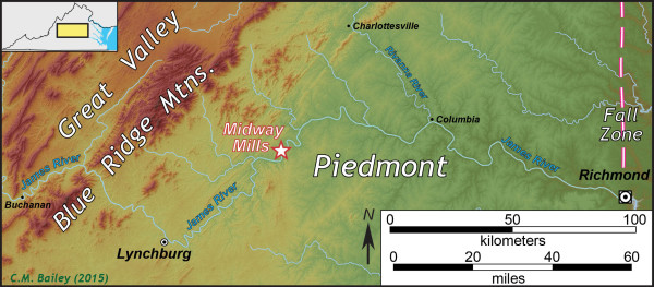 Map of the James River basin in central Virginia.  Note Midway Mills is not midway between Richmond and Lynchburg.