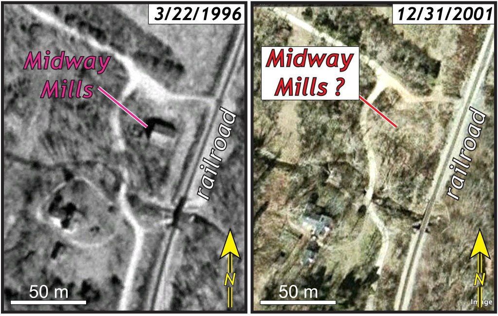 Aerial photos of Midway Mills, Virginia.  The 1996 image shows the mill, whereas in the 2001 image the mill is gone.