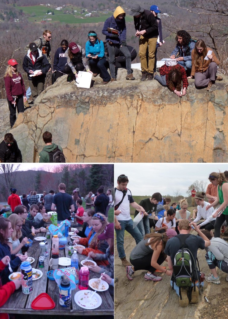 Scenes from the field. Top: Measuring geologic structures at the Greenstone Overlook, Blue Ridge Parkway. Bottom Left: Chow time in camp. Bottom Right: Puzzling over the Piedmont at Hidden Rock Park.