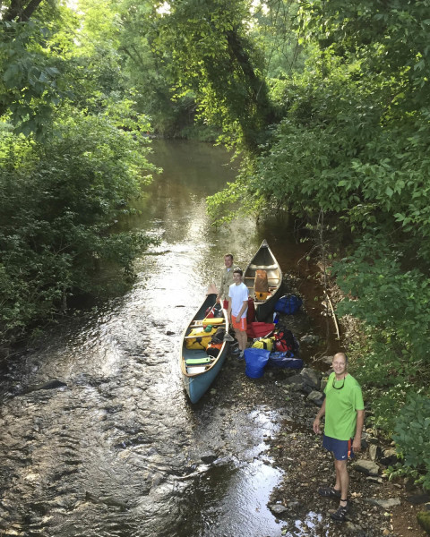 The put-in at the confluence of Albemarle County’s Lickinghole Creek and Mechums River. From front to back Scott Harris, Stuart Beach, and Todd Beach. 