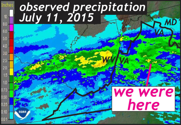 Map of the National Weather Service’s observed precipitation (based on radar data) for Saturday, July 11th 2015.  The Rivanna River basin in central Virginia received between 2 and 6 cm (0.75 – 2.25”) of precipitation.