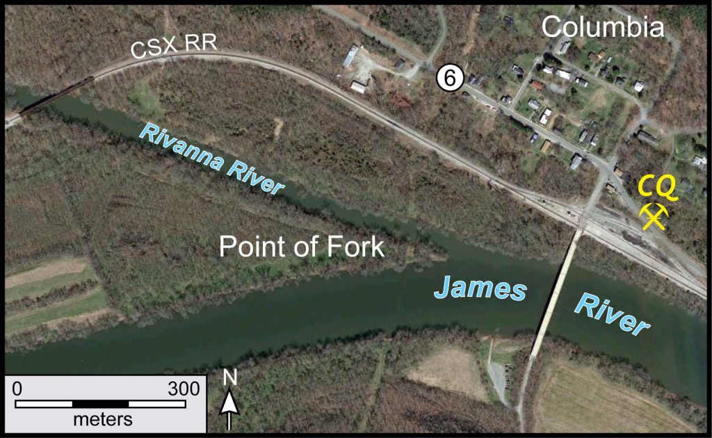 The confluence of the Rivanna and James rivers in the central Virginia Piedmont (from Google Earth).