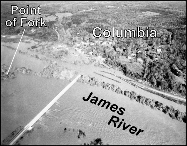Aerial view of a flooded James River at Columbia.