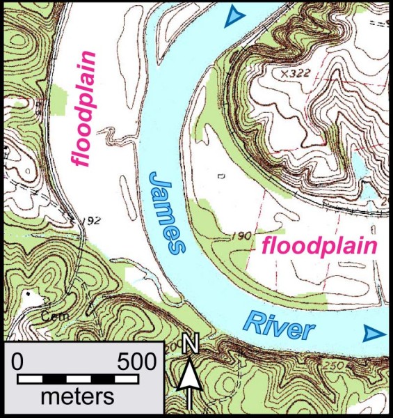 The James River and its floodplain near Cartersville, Virginia. (Contour interval 20').