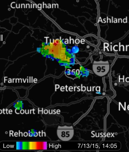 Radar imagery showing a thunderstorm approaching, we were at the blue dot on the James River