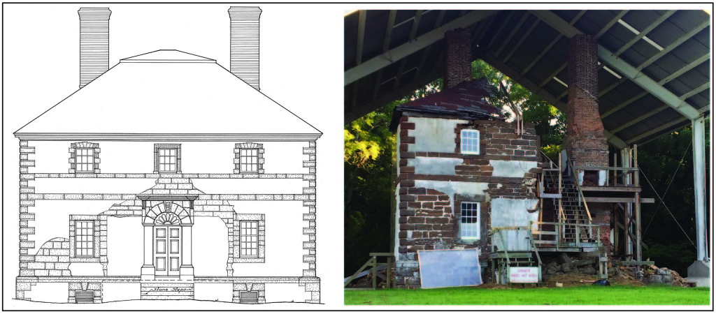 Left: North elevation of Menokin from a 1940 Historic American Building Survey. Right: Modern view of the Menokin ruins under shelter.